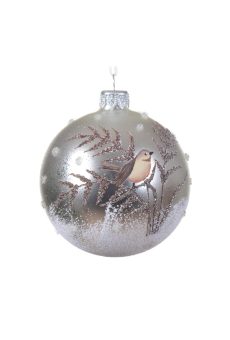 Athome Pavloudakis - Χριστουγεννιάτικη γυάλινη ασημί ματ μπάλα με πουλάκι (8 cm)