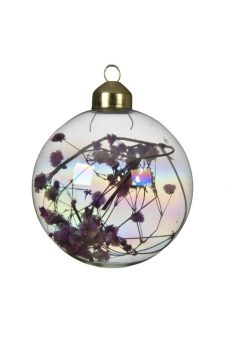 Athome Pavloudakis - Χριστουγεννιάτικη διάφανη γυάλινη ιριδίζον μπάλα με μωβ κλαδάκια (8 cm)