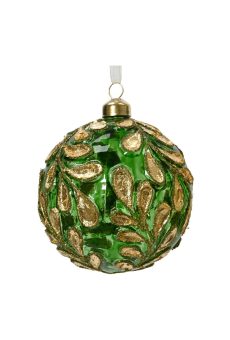 Athome Pavloudakis - Χριστουγεννιάτικη διάφανη γυάλινη πράσινη μπάλα με χρυσά φύλλα (10 cm)