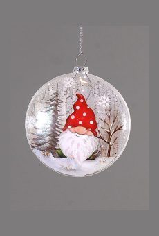 Athome Pavloudakis - Χριστουγεννιάτικο γυάλινο διακοσμητικό πλακέ στολίδι νάνου με κόκκινο σκούφο (10 cm)