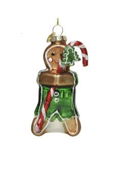 Athome Pavloudakis - Χριστουγεννιάτικο γυάλινο πράσινο στολίδι μπισκοτάνθρωπος με μπαστούνι (11 cm)