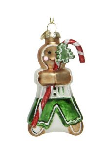 Athome Pavloudakis - Χριστουγεννιάτικο γυάλινο πράσινο στολίδι μπισκοτάνθρωπος με μπαστούνι (11 cm)