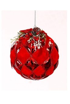 Athome Pavloudakis - Χριστουγεννιάτικη γυάλινη κόκκινη μπάλα με γιορτινή σύνθεση (καπιτονέ) (12 cm)