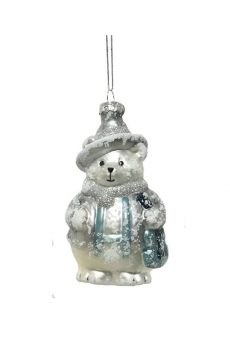 Athome Pavloudakis - Χριστουγεννιάτικο ασημί γυάλινο στολίδι αρκούδα με βιολί (11 cm)