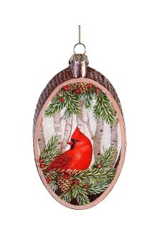 Athome Pavloudakis - Χριστουγεννιάτικο γυάλινο διακοσμητικό πλακέ στολίδι με κόκκινο πουλάκι (15 cm)
