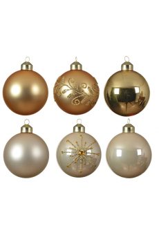 Athome Pavloudakis - Χριστουγεννιάτικη γυάλινη μπάλα χρυσό/κρεμ 8 cm με σχέδια Σετ 6 τμχ