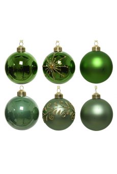 Athome Pavloudakis - Χριστουγεννιάτικη γυάλινη μπάλα πράσινο 8 cm με σχέδια Σετ 6 τμχ
