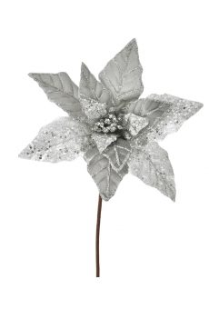 Athome Pavloudakis - Χριστουγεννιάτικο ασημί υφασμάτινο λουλούδι πουανσέτια 65 cm
