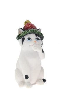 Athome Pavloudakis - Χριστουγεννιάτικη διακοσμητική λευκή polyerisn γάτα με σκούφο (17x7x11 cm)