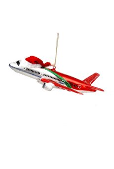 Athome Pavloudakis - Χριστουγεννιάτικο γυάλινο στολίδι κόκκινο-ασημί  αεροπλάνο με γιορτινό σκούφο (17 cm)