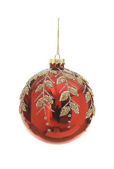 Athome Pavloudakis - Χριστουγεννιάτικη γυάλινη μπάλα κόκκινη 10 cm με φύλλα