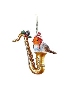 Athome Pavloudakis - Χριστουγεννιάτικο διακοσμητικό χρυσό polyresin σαξόφωνο με κόκκινο πουλί (10 cm)