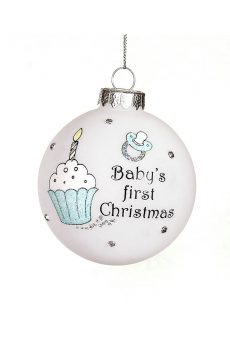 Athome Pavloudakis - Χριστουγεννιάτικη γυάλινη μπάλα λευκή 8 cm με γαλάζια σχέδια