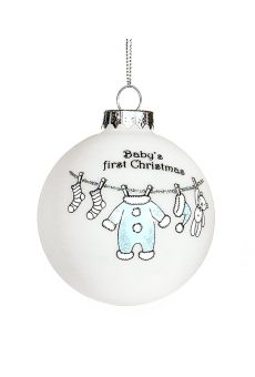 Athome Pavloudakis - Χριστουγεννιάτικη γυάλινη λευκή μπάλα "Baby's first Christmas" με γαλάζια σχέδια (8 cm)