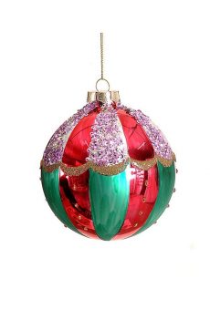 Athome Pavloudakis - Χριστουγεννιάτικη κρεμαστή γυάλινη πολύχρωμη μπάλα με λιλά πούλιες 10 cm