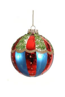 Athome Pavloudakis - Χριστουγεννιάτικη κρεμαστή γυάλινη πολύχρωμη μπάλα με πράσινες πούλιες 10 cm