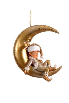 Athome Pavloudakis - Χριστουγεννιάτικο χρυσό polyresin στολίδι φεγγάρι με αγόρι ξωτικό (12 cm)