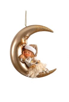 Athome Pavloudakis - Χριστουγεννιάτικο χρυσό polyresin στολίδι φεγγάρι με κορίτσι ξωτικό (12 cm)