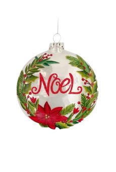 Athome Pavloudakis - Χριστουγεννιάτικη γυάλινη λευκή μπάλα "Noel"  με λουλούδι (12 cm)