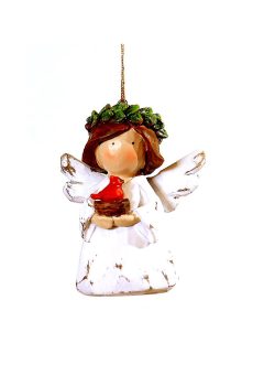 Athome Pavloudakis - Χριστουγεννιάτικος λευκός polyresin κρεμαστός άγγελος με πουλί (9 cm)