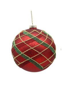 Athome Pavloudakis - Χριστουγεννιάτικη γυάλινη μπάλα κόκκινη ματ 10 cm με σχέδια γραμμές